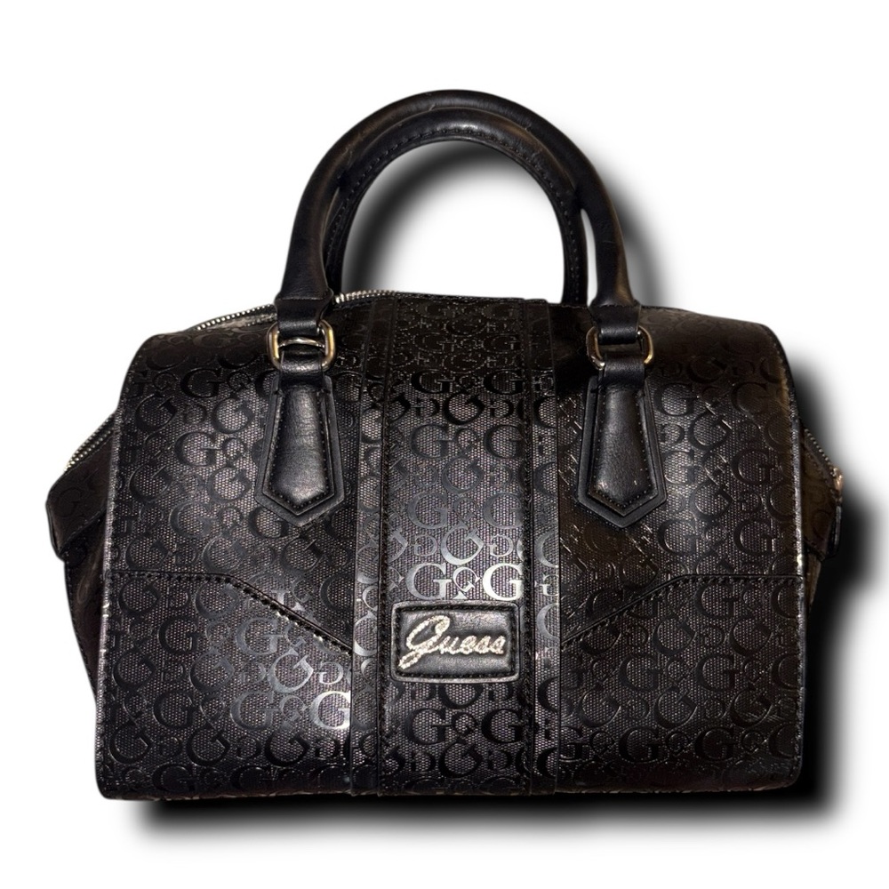 Guess Black Embossed Satchel with Gold Accents
